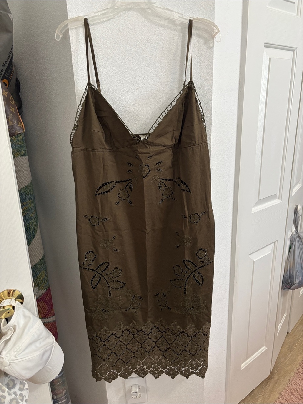 Anthropologie Olive Brown Eyelet Lace Slip Dress